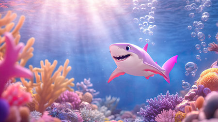 This vibrant cartoon shark swims joyfully through a colorful coral reef, surrounded by bubbles and bright marine life. Perfect for educational and playful themes.の素材