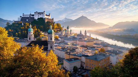 Discover a breathtaking autumn landscape of Salzburg, showcasing a historic fortress above the charming town, framed by vibrant fall foliage and a serene river at sunrise.の素材