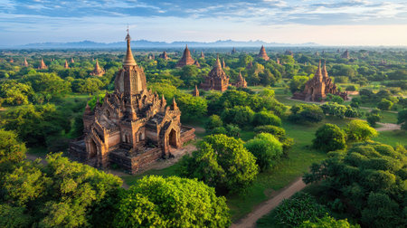 Experience the beauty of ancient temples surrounded by lush greenery in Bagan, Myanmar, as the sun rises over this historic landscape.の素材