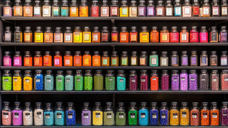 A vibrant collection of glass jars filled with colorful craft supplies arranged neatly on a shelf, showcasing a rich variety of textures and hues.の素材