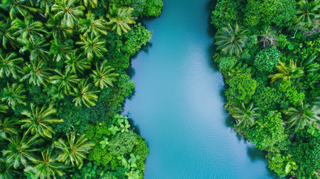 A stunning aerial view of a tranquil blue waterway meandering through a lush tropical forest, showcasing the beauty of nature and abundant greenery.の素材