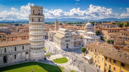 Capture the breathtaking beauty of Pisa with this aerial view featuring the iconic Leaning Tower, stunning cathedral, and vibrant cityscape beneath a bright sky.の素材