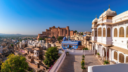 Explore the stunning landscape of Jodhpur, Rajasthan, featuring historic architecture, vibrant buildings, and the majestic Mehrangarh Fort under clear skies.の素材
