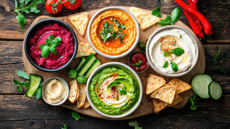 A vibrant and colorful display of various dips including hummus, beet, and herbs, served alongside fresh vegetables and crackers on a wooden board. Perfect for gatherings.の素材