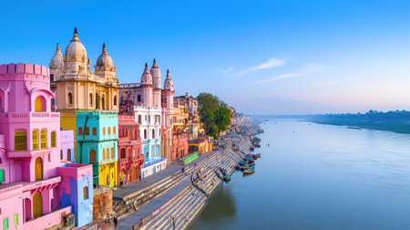 Experience the stunning riverside architecture of Varanasi at sunrise, where vibrant colors meet serene waters under a pristine blue sky.の素材