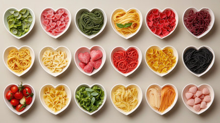 This vibrant image showcases an array of heart-shaped bowls with different types of pasta and fresh ingredients, perfect for culinary artistry and romantic dining.の素材