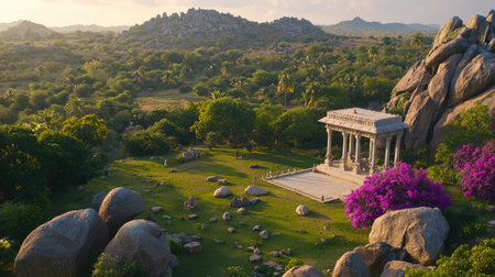 This stunning image captures a serene landscape featuring an ancient temple set among lush greenery and vibrant purple flowers, ideal for showcasing nature's beauty.の素材