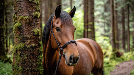 A stunning brown horse stands gracefully next to a moss-covered tree in a tranquil forest. The serene atmosphere showcases the beauty of wildlife and nature.の素材