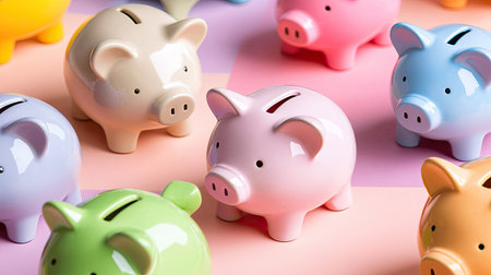 A vibrant arrangement of colorful ceramic piggy banks resting on a soft pastel background, symbolizing savings, budgeting, and financial education for all ages.の素材