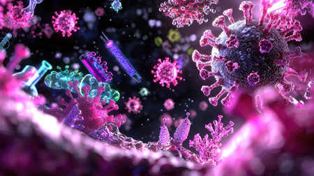 This vibrant 3D illustration depicts a dynamic microscopic world filled with various viruses and pathogens, showcasing their intricate details and interactions.の素材