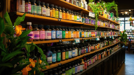 A vibrant wellness shop features an extensive display of herbal supplements organized on wooden shelves. The colorful bottles and surrounding plants create an inviting, natural atmosphere for health-conscious customers.の素材