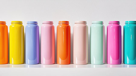 A row of colorful ceramic vases arranged neatly on a white surface. These modern designs feature bright hues and smooth finishes, ideal for enhancing any interior space.の素材