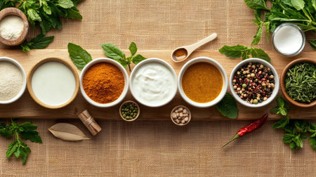A carefully arranged selection of spices and ingredients displayed on a wooden board. Ideal for culinary inspiration, this vibrant composition highlights the artistry of cooking.の素材