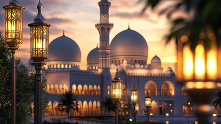 Explore the enchanting beauty of an elegant mosque illuminated by decorative lanterns during a serene evening. This stunning scene captures spirituality and architecture.の素材