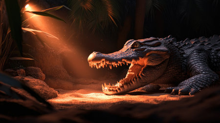 A striking alligator rests on warm sand, surrounded by lush greenery. Dramatic lighting casts shadows, showcasing its fierce expression and predatory nature.の素材