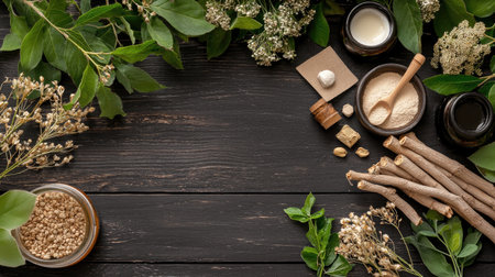 A beautifully arranged collection of natural herbal ingredients on a dark wooden surface, showcasing leaves, powders, and essential oils for wellness and healing.の素材