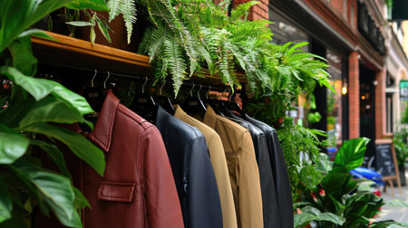 A stylish arrangement of jackets hangs among lush greenery in an urban setting, creating a vibrant and fashionable atmosphere perfect for retail displays.の素材