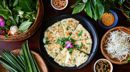 A vibrant platter of vegetable pancakes garnished with fresh herbs, served alongside a variety of flavorful sauces and sides, perfect for sharing.の素材