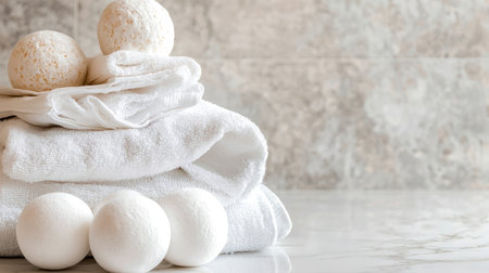 A serene setup featuring white towels and bath bombs on a marble surface, perfect for a relaxing spa experience embracing wellness and self-care.の素材