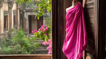 A stunning fabric draped elegantly on a mannequin catches sunlight in an artistic display. Surrounding floral elements enhance the serene ambiance of the scene.の素材
