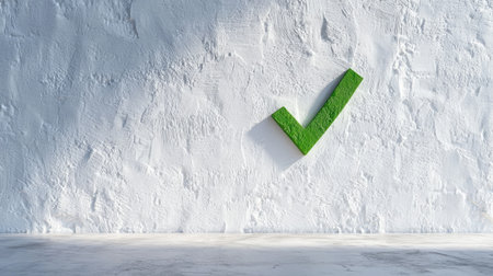 A vibrant green checkmark symbol stands out against a textured white wall, representing success, approval, and positivity in a clean and modern design.の素材