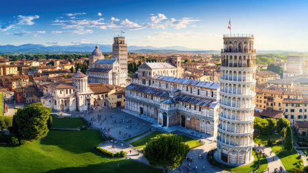Stunning aerial view showcasing the Leaning Tower of Pisa and surrounding historic architecture under a bright blue sky, perfect for travel enthusiasts.の素材