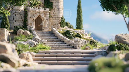 A picturesque castle entrance features stone steps leading through lush greenery. The serene landscape offers a perfect blend of nature and architecture, inviting exploration.の素材