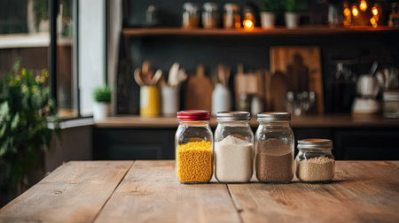 Display of jars filled with various ingredients on a wooden table, creating a warm and inviting atmosphere in a modern kitchen. Perfect for culinary themes.の素材