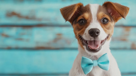 Adorable puppy wearing a blue bow tie smiles joyfully against a vibrant blue background, capturing the essence of playful innocence and happiness.の素材