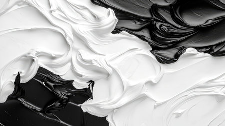 This image showcases an abstract monochrome texture created by thick swirls of black and white paint. Ideal for artistic backgrounds and design projects.の素材