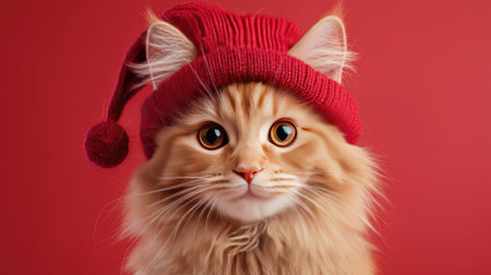 This charming ginger cat with big, expressive eyes and a soft fur coat wears a cozy red knitted hat, perfect for capturing the festive spirit during the holiday season.の素材