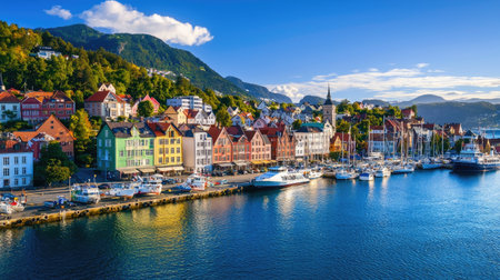 A stunning coastal scene featuring colorful houses lining the waterfront, boats anchored in a marina, and mountains under a bright blue sky.の素材
