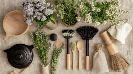 A beautiful arrangement of natural cleaning supplies alongside fresh herbs showcases an eco-friendly lifestyle. Perfect for promoting green living and wellness.の素材