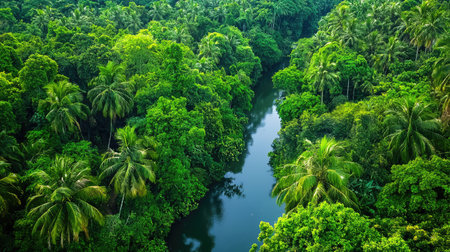 This breathtaking aerial view captures a serene river winding through a lush green jungle, surrounded by towering palm trees and vibrant foliage.の素材