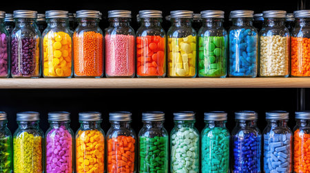 A vibrant display of colorful glass jars filled with assorted candies and sweets arranged neatly on a wooden shelf, creating a joyful atmosphere.の素材