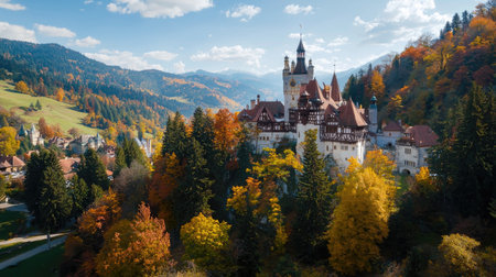 This captivating image showcases a historic castle nestled among vibrant autumn foliage, with majestic mountains and a bright blue sky in the background.の素材