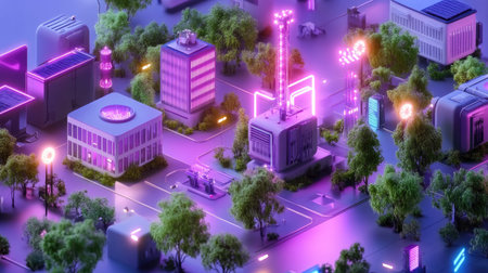 Explore a vibrant futuristic cityscape at night, showcasing striking neon lights among lush greenery and modern architecture, creating a dynamic atmosphere.の素材