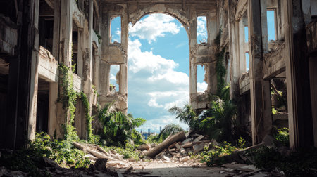 An abandoned building interior showcasing striking decay and nature's reclaiming influence, featuring stunning cloud-filled sky and lush greenery.の素材