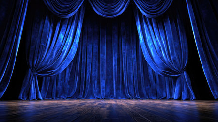 Elegant blue velvet curtains hang theatrically on a stage, creating a sophisticated backdrop for performances, with wooden flooring and dramatic lighting effects.の素材