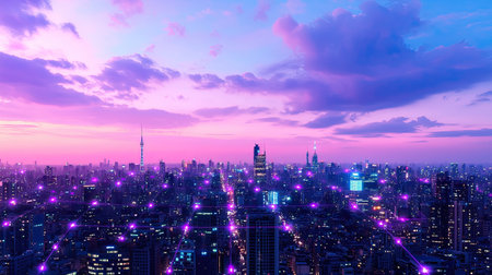 Experience a breathtaking view of a vibrant cityscape at dusk, showcasing a modern urban skyline illuminated by twinkling lights under a colorful sky.の素材