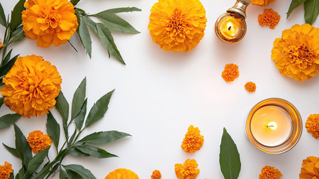 A stunning display featuring bright orange marigold flowers, lush green leaves, and ambient candles, creating a tranquil and inviting atmosphere.の素材