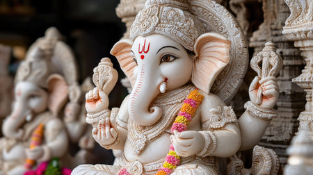 This captivating close-up of a Lord Ganesha idol showcases intricate craftsmanship and vibrant floral offerings, evoking a sense of spirituality and devotion.の素材