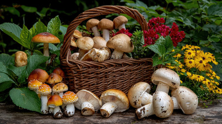 Discover an exquisite arrangement featuring a basket overflowing with fresh wild mushrooms, accented by vibrant flowers and lush greenery, perfect for nature lovers.の素材