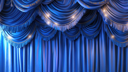 An elegant composition of blue drapes with decorative fringes and soft lighting, perfect for theatrical performances or elegant events, enhancing any stage setup.の素材