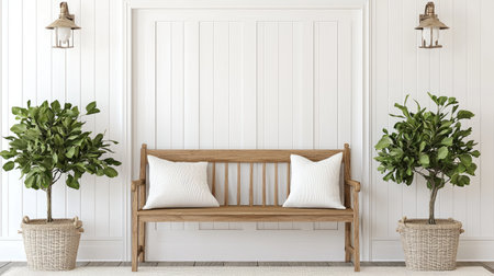 This charming entryway features a wooden bench with inviting cushions, surrounded by potted plants and stylish wall lighting, creating a fresh and warm atmosphere.の素材