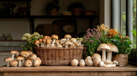 A stunning display of freshly harvested mushrooms arranged artistically on a rustic wooden table in a cozy kitchen environment highlights nature's beauty and culinary potential.の素材
