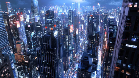 A breathtaking night cityscape featuring a skyline filled with illuminated skyscrapers. The view captures the vibrant energy of urban life and modern architecture.の素材