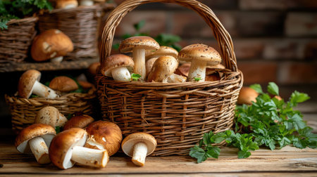 This image features freshly harvested mushrooms elegantly arranged in a rustic basket amid lush greenery. Ideal for food-related themes.の素材