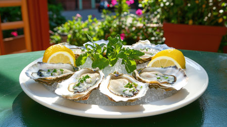 A plate of freshly shucked oysters served on ice, garnished with lemon wedges and herbs, set against a vibrant garden background, perfect for summer dining.の素材
