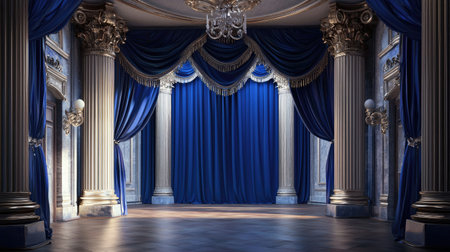 This stunning image features an elegant theater stage draped in rich blue fabric, accented by golden details and classic columns, ideal for performance settings.の素材